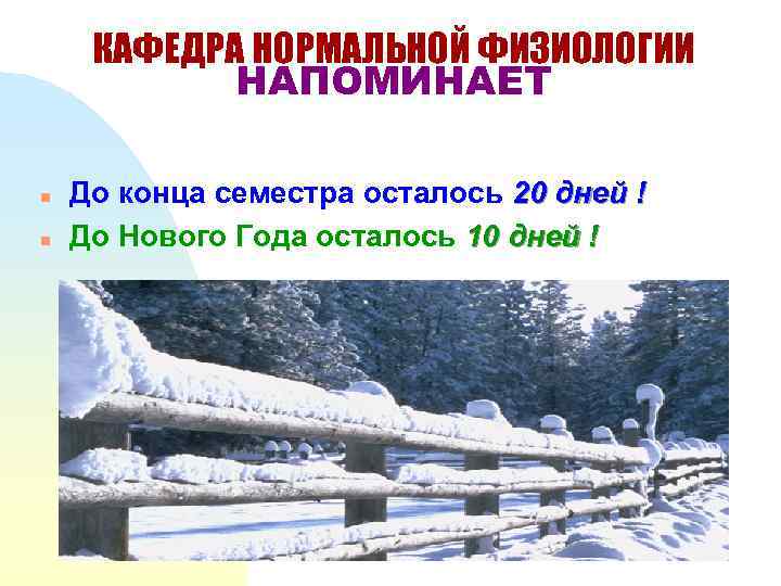 КАФЕДРА НОРМАЛЬНОЙ ФИЗИОЛОГИИ НАПОМИНАЕТ n n До конца семестра осталось 20 дней ! До