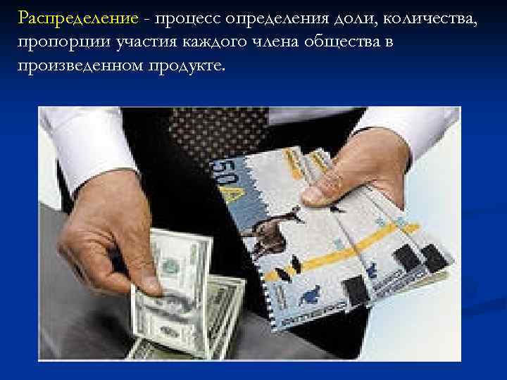 Распределение - процесс определения доли, количества, пропорции участия каждого члена общества в произведенном продукте.
