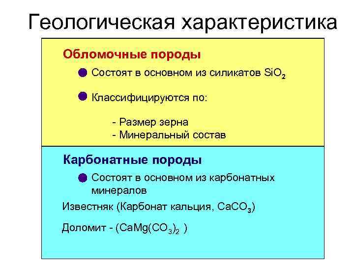 Геологическая характеристика Обломочные породы Состоят в основном из силикатов Si. O 2 Классифицируются по:
