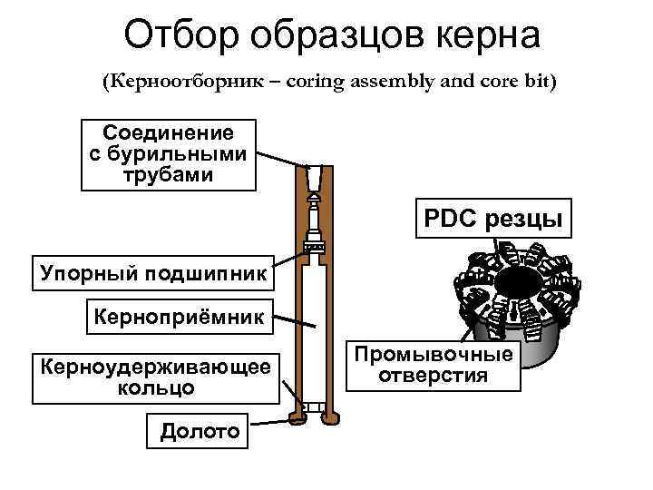 Отбор образцов керна (Керноотборник – coring assembly and core bit) Соединение с бурильными трубами