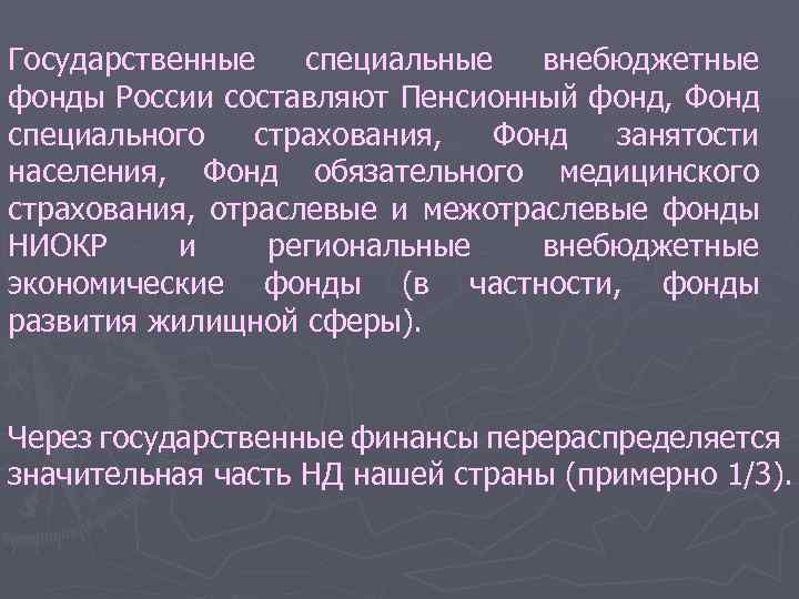 Государственные специальные внебюджетные фонды России составляют Пенсионный фонд, Фонд специального страхования, Фонд занятости населения,