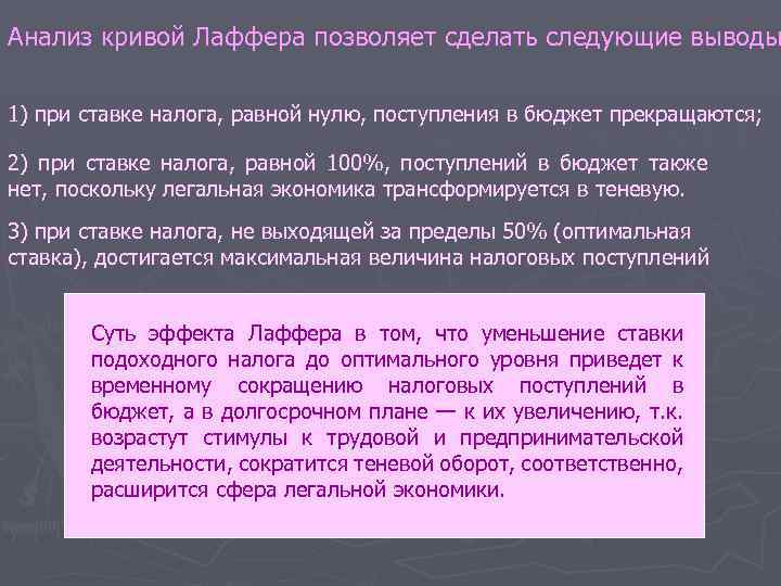 Анализ кривой Лаффера позволяет сделать следующие выводы 1) при ставке налога, равной нулю, поступления