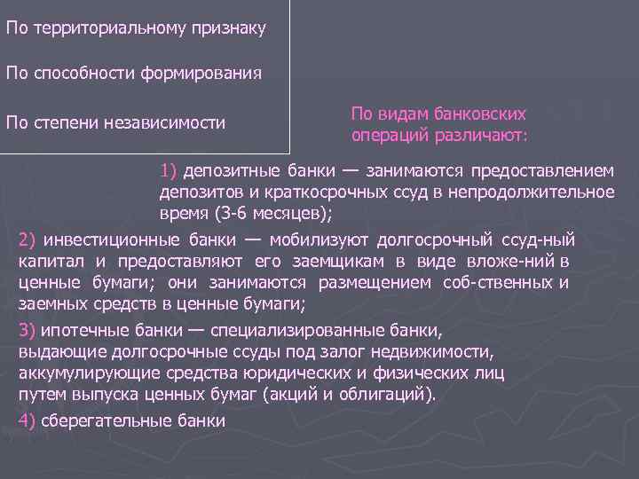 По территориальному признаку По способности формирования По степени независимости По видам банковских операций различают: