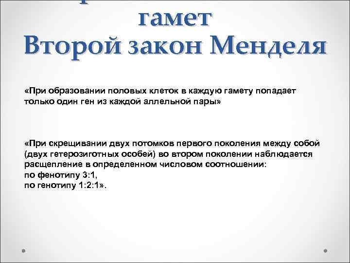 гамет Второй закон Менделя «При образовании половых клеток в каждую гамету попадает только один