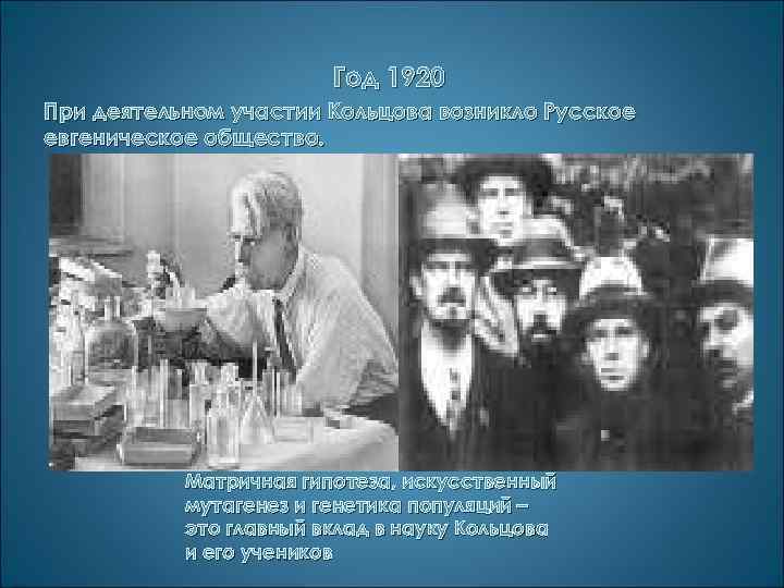  Год 1920 При деятельном участии Кольцова возникло Русское евгеническое общество. Матричная гипотеза, искусственный
