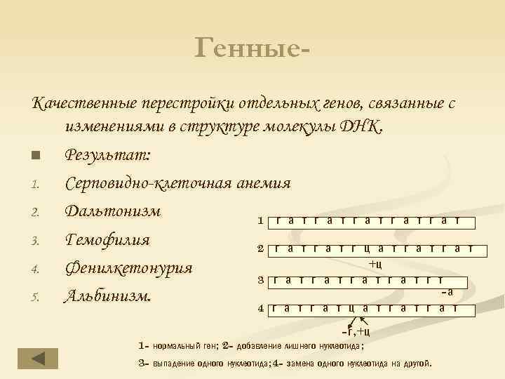 Генные. Качественные перестройки отдельных генов, связанные с изменениями в структуре молекулы ДНК. n Результат: