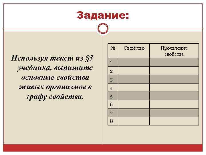 Задание: № Используя текст из § 3 учебника, выпишите основные свойства живых организмов в