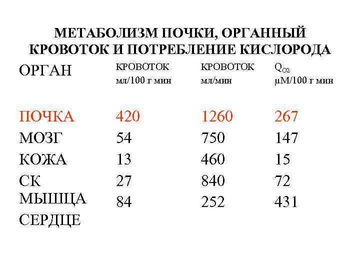 МЕТАБОЛИЗМ ПОЧКИ, ОРГАННЫЙ КРОВОТОК И ПОТРЕБЛЕНИЕ КИСЛОРОДА ОРГАН [Cohen, 1976] КРОВОТОК Ramm, КРОВОТОК мл/100