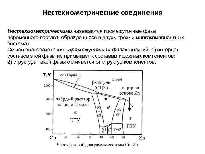 Нестехиометрические соединения Нестехиометрическими называются промежуточные фазы переменного состава, образующиеся в двух-, трех- и многокомпонентных