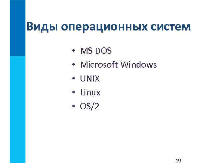 Виды операционных систем • MS DOS • Microsoft Windows • UNIX • Linux •