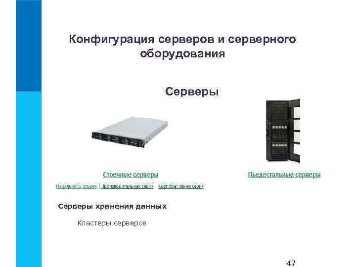  Конфигурация серверов и серверного оборудования Cерверы Серверы хранения данных Кластеры серверов 47 