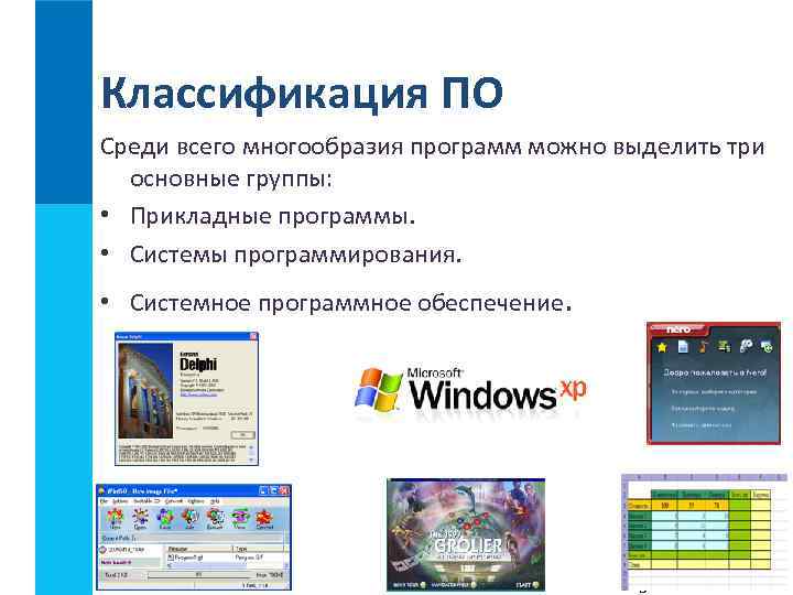 Классификация ПО Среди всего многообразия программ можно выделить три основные группы: • Прикладные программы.