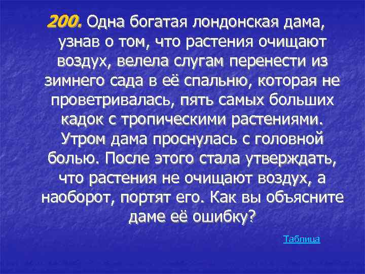 200. Одна богатая лондонская дама, узнав о том, что растения очищают воздух, велела слугам