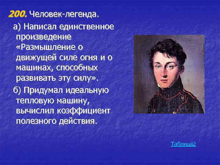200. Человек-легенда. а) Написал единственное произведение «Размышление о движущей силе огня и о машинах,