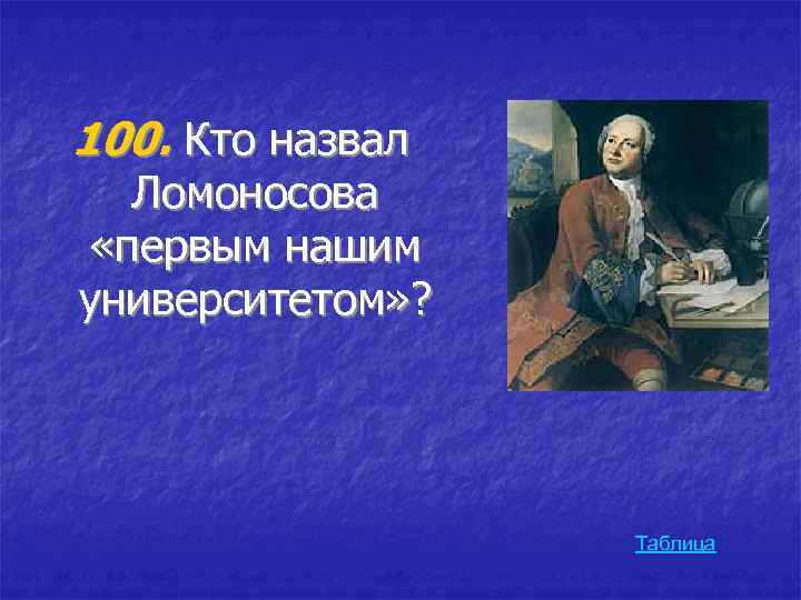100. Кто назвал Ломоносова «первым нашим университетом» ? Таблица 