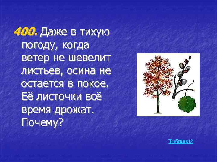 400. Даже в тихую погоду, когда ветер не шевелит листьев, осина не остается в