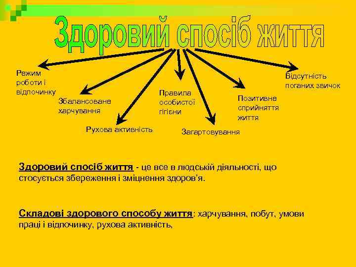 Режим роботи і відпочинку Збалансоване харчування Правила особистої гігієни Рухова активність Відсутність поганих звичок