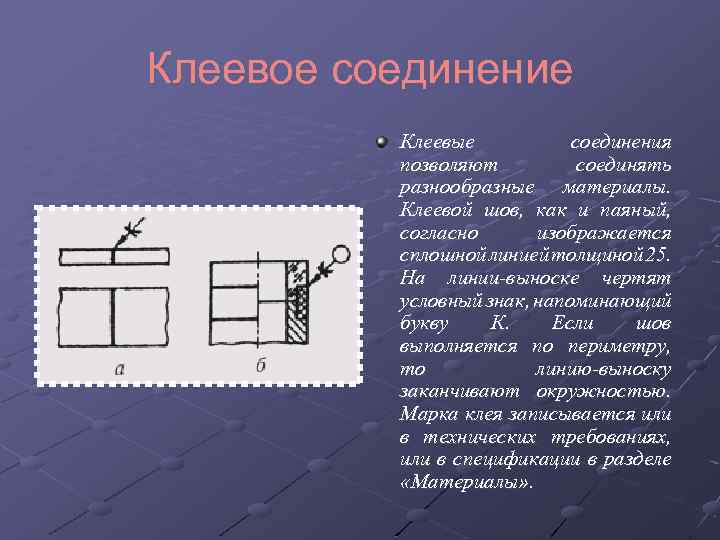 Клеевое соединение Клеевые соединения позволяют соединять разнообразные материалы. Клеевой шов, как и паяный, согласно