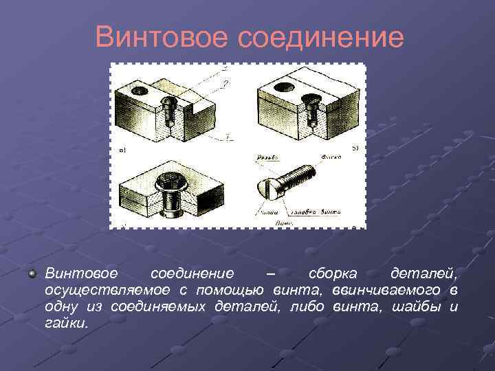Винтовое соединение – сборка деталей, осуществляемое с помощью винта, ввинчиваемого в одну из соединяемых