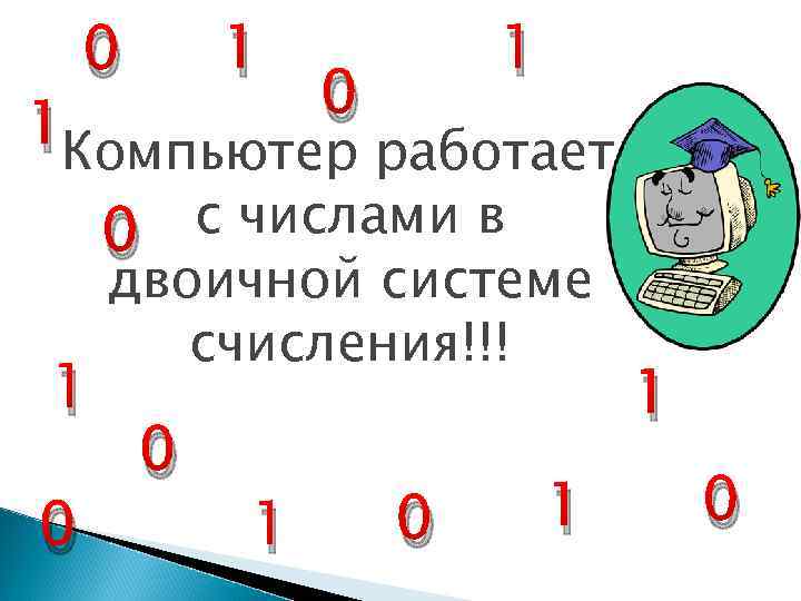 1 0 1 Компьютер работает 1 0 с числами в 0 двоичной системе счисления!!!
