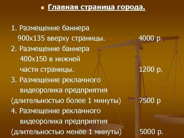  Главная страница города. 1. Размещение баннера 900 х135 вверху страницы. 2. Размещение баннера