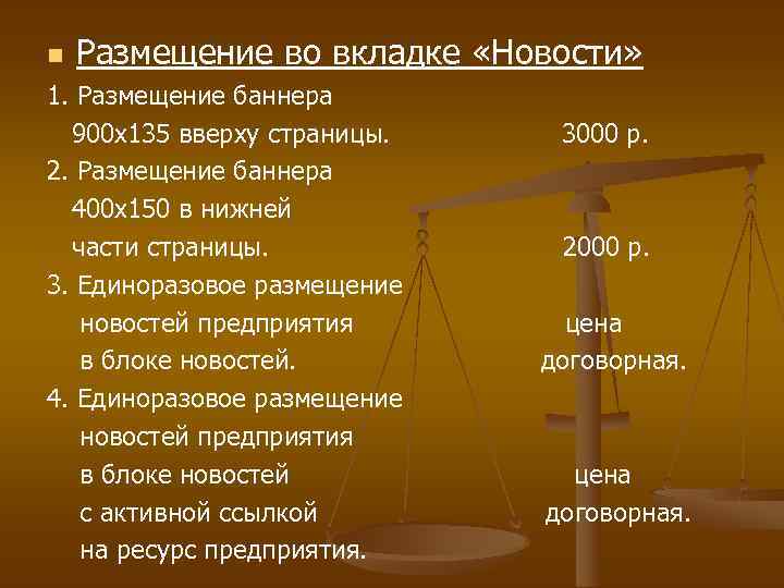  Размещение во вкладке «Новости» 1. Размещение баннера 900 х135 вверху страницы. 2. Размещение