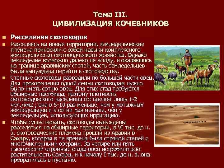 Тема III. ЦИВИЛИЗАЦИЯ КОЧЕВНИКОВ n Расселение скотоводов Расселяясь на новые территории, земледельческие племена приносили