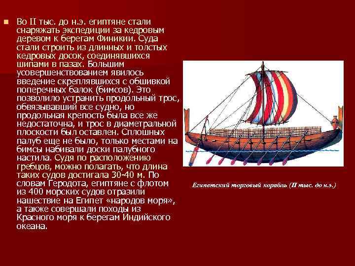 n Во II тыс. до н. э. египтяне стали снаряжать экспедиции за кедровым деревом