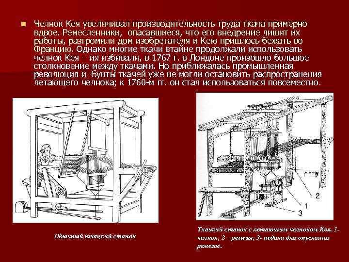 n Челнок Кея увеличивал производительность труда ткача примерно вдвое. Ремесленники, опасавшиеся, что его внедрение