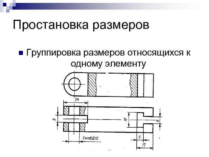 Простановка размеров n Группировка размеров относящихся к одному элементу 