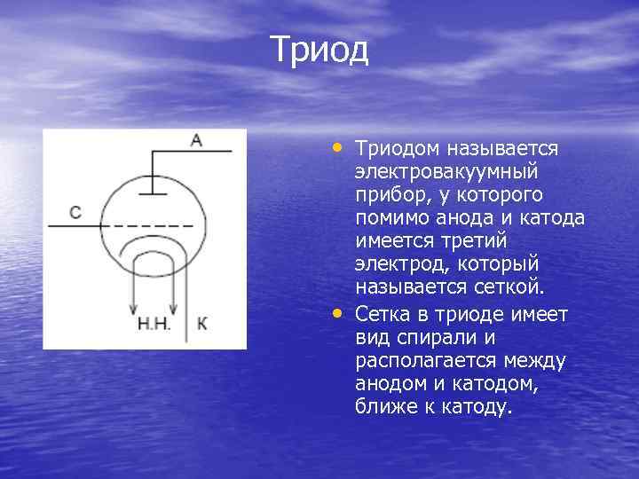 Триод • Триодом называется • электровакуумный прибор, у которого помимо анода и катода имеется