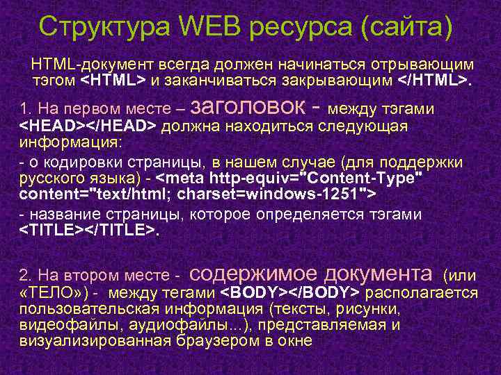 Структура WEB ресурса (сайта) HTML-документ всегда должен начинаться отрывающим тэгом <HTML> и заканчиваться закрывающим