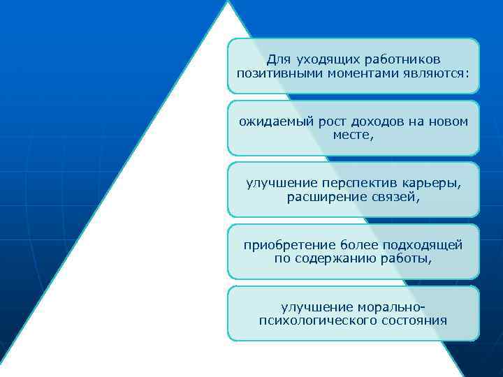 Для уходящих работников позитивными моментами являются: ожидаемый рост доходов на новом месте, улучшение перспектив