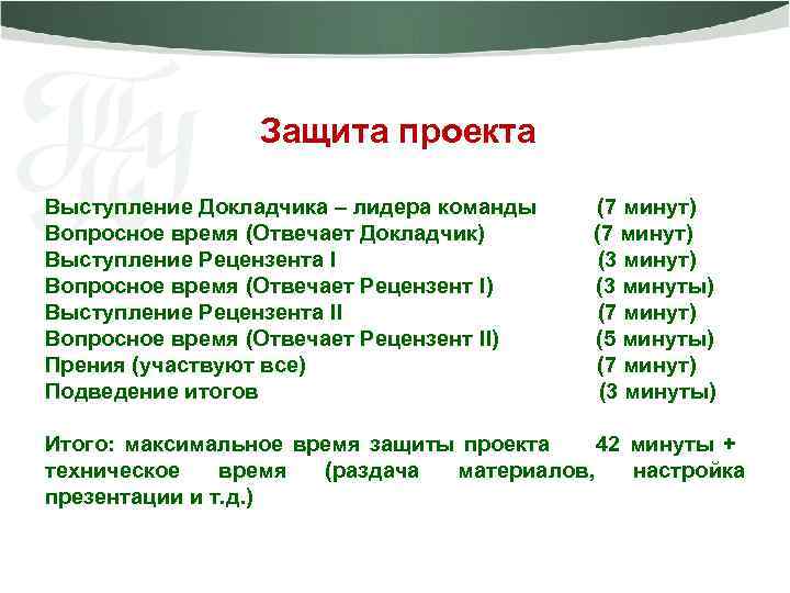 Защита проекта Выступление Докладчика – лидера команды (7 минут) Вопросное время (Отвечает Докладчик) (7