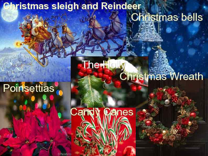 Christmas sleigh and Reindeer Christmas bells Poinsettias The Holly Christmas Wreath Candy Canes 