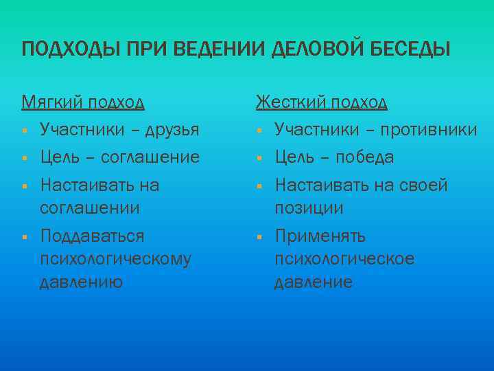 ПОДХОДЫ ПРИ ВЕДЕНИИ ДЕЛОВОЙ БЕСЕДЫ Мягкий подход § Участники – друзья § Цель –