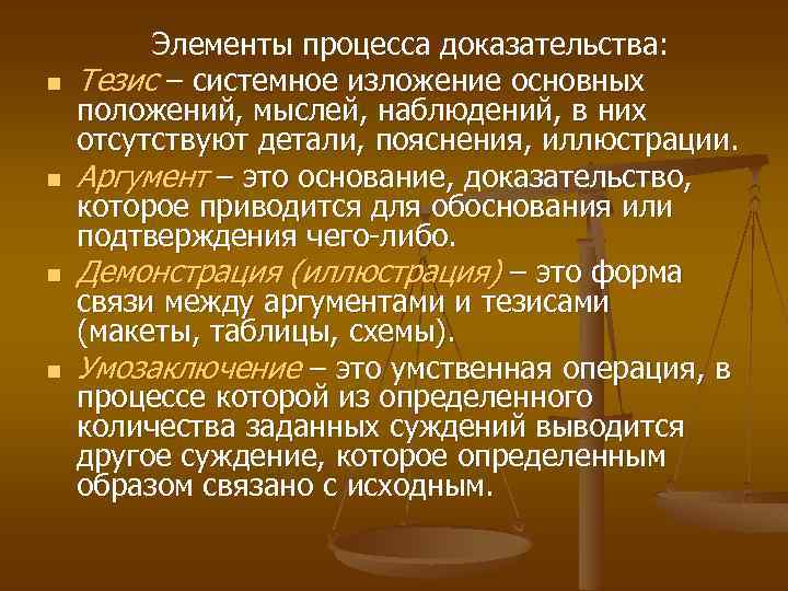 n n Элементы процесса доказательства: Тезис – системное изложение основных положений, мыслей, наблюдений, в