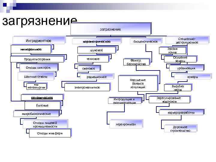 загрязнение Ингредиентное минеральное Продукты сгорания Отходы хим. пром. Шахтные отвалы загрязнение параметрическое тепловое органическое