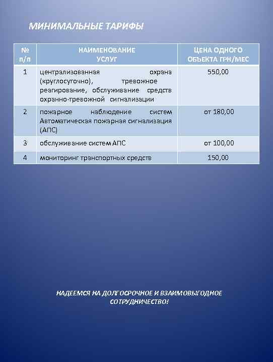 МИНИМАЛЬНЫЕ ТАРИФЫ № п/п НАИМЕНОВАНИЕ УСЛУГ ЦЕНА ОДНОГО ОБЪЕКТА ГРН/МЕС 1 централизованная охрана (круглосуточно),