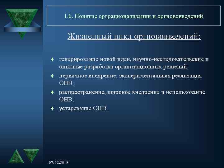 1. 6. Понятие орграционализации и оргнововведений Жизненный цикл оргнововведений: t t генерирование новой идеи,