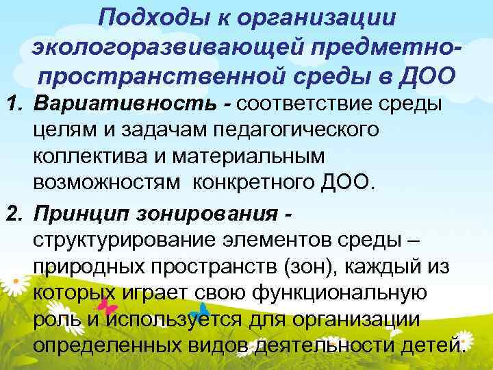 Подходы к организации экологоразвивающей предметнопространственной среды в ДОО 1. Вариативность - соответствие среды целям