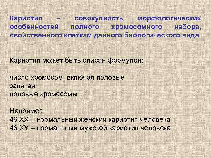 Кариотип – совокупность морфологических особенностей полного хромосомного набора, свойственного клеткам данного биологического вида Кариотип