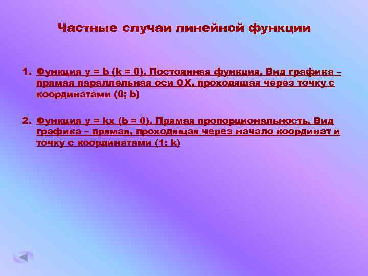 Частные случаи линейной функции 1. Функция y = b (k = 0). Постоянная функция.