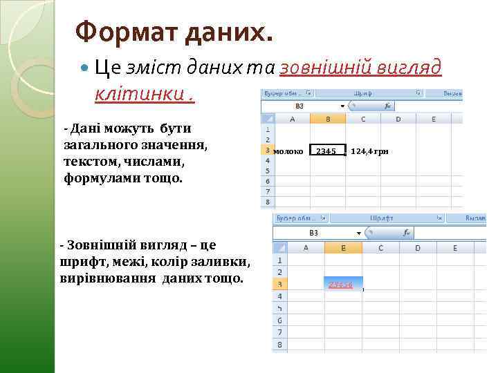 Формат даних. Це зміст даних та зовнішній вигляд клітинки. - Дані можуть бути загального