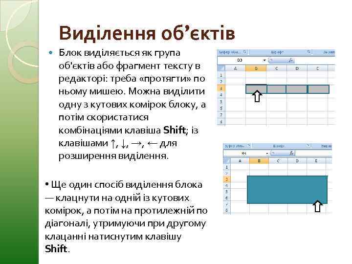 Виділення об’єктів Блок виділяється як група об'єктів або фрагмент тексту в редакторі: треба «протягти»