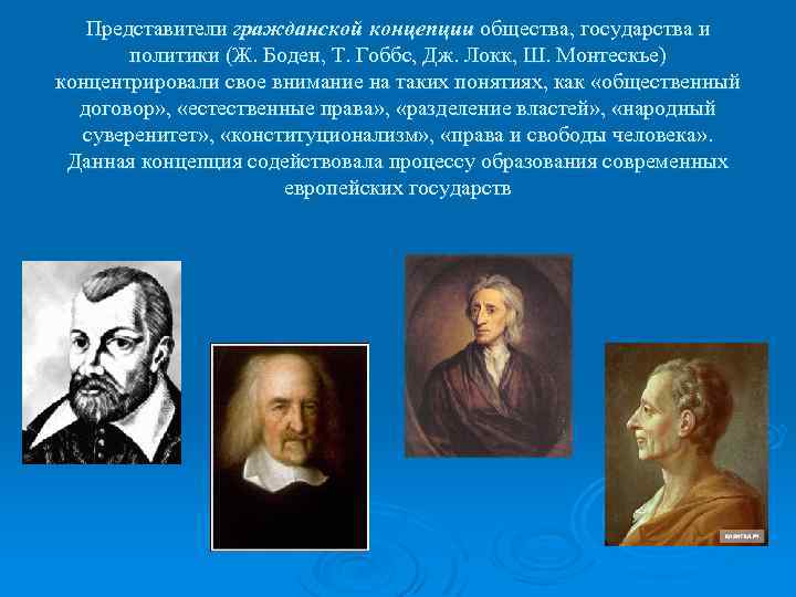 Представители гражданской концепции общества, государства и политики (Ж. Боден, Т. Гоббс, Дж. Локк, Ш.