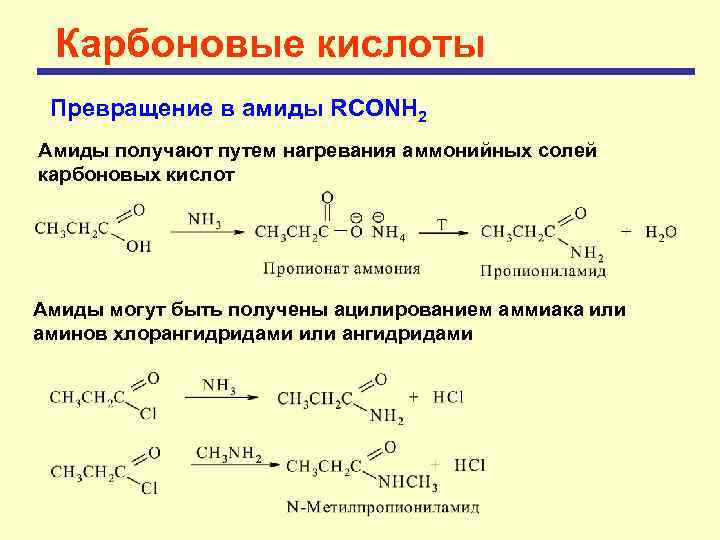 Карбоновые кислоты Превращение в амиды RCONH 2 Амиды получают путем нагревания аммонийных солей карбоновых