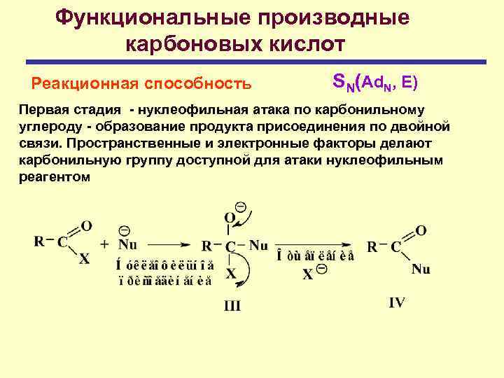 Реакция функционального ответа. Реакция присоединения карбоновых кислот. Карбоновые кислоты механизмы реакций. Активность функциональных производных карбоновых кислот. Замещение с образованием производных карбоновых кислот:.