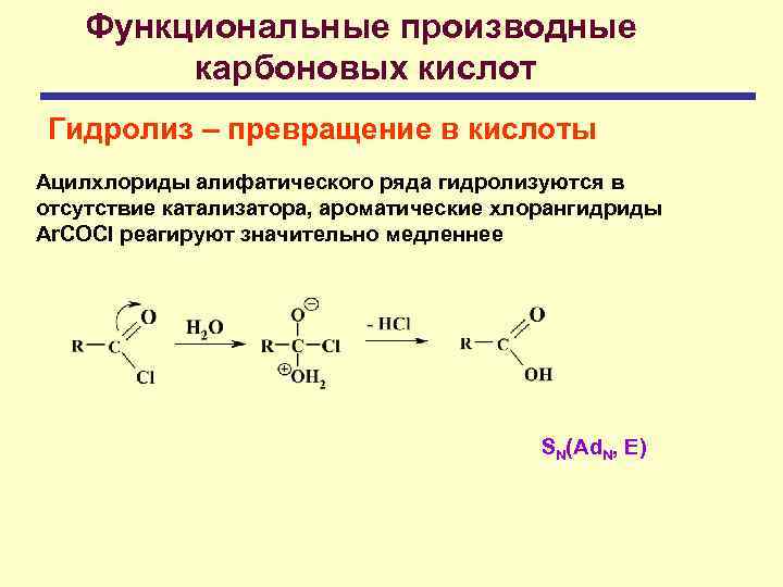 Функциональные производные карбоновых кислот Гидролиз – превращение в кислоты Ацилхлориды алифатического ряда гидролизуются в
