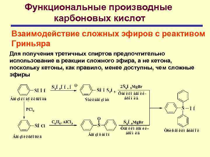Функциональные производные карбоновых кислот Взаимодействие сложных эфиров с реактивом Гриньяра Для получения третичных спиртов